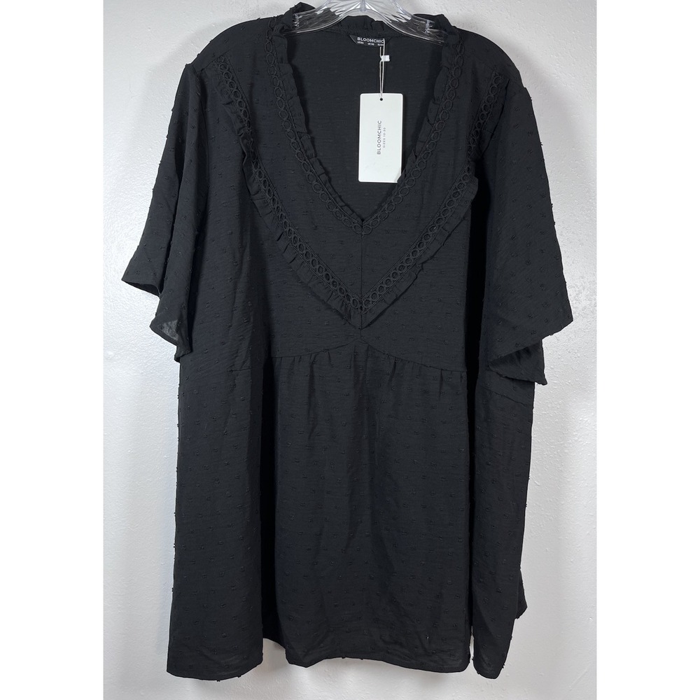 New BLOOMCHIC Sz 26 Top Women's Plus Black Blouse Lace Sheer Ruffle Sleeve NWT